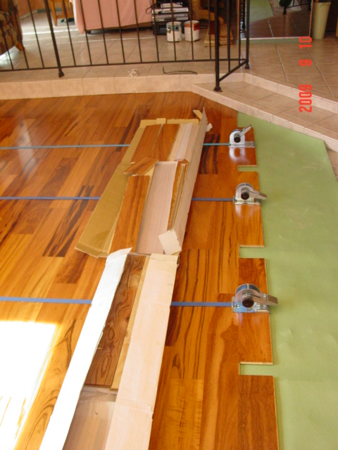 Hardwood Floor Tarkett Tigerwood Engineered - Strapping as it's glued Hardwood Floor Tarkett Tigerwood Engineered - Strapping as it's glued